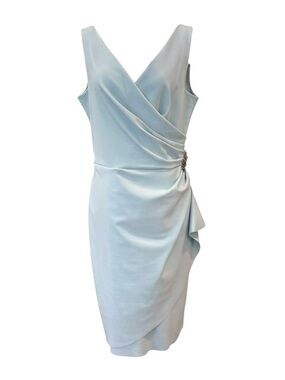 Alex Evenings Surplice Ruched Sheath Dress Rhinestone Brooch Light Blue Size 14